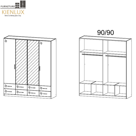 Tủ Quần Áo Gỗ Gia Đình 4 Cánh Có Gương-TAKL020